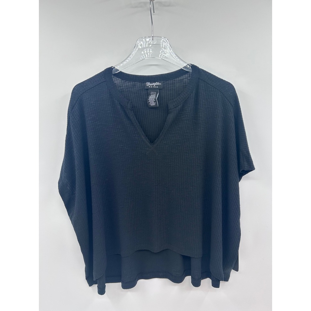 Wrangler Retro Top Womens Small Black Ribbed Split Neck High Low Boxy Tee New